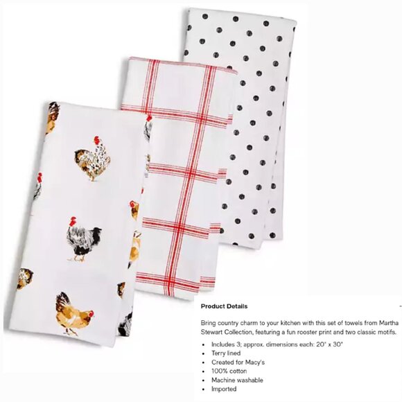 MARTHA STEWART 'ROOSTER COLLECTION' 3-PIECE COTTON KITCHEN TOWELS SET - Picture 13 of 16